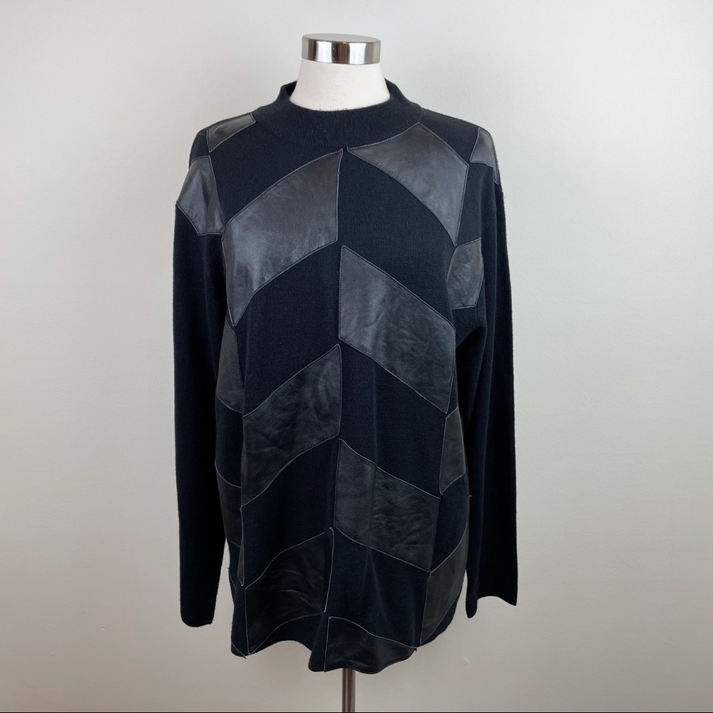 Pronto Uomo Black Wool Genuine Leather Geometric Sweater Women Large